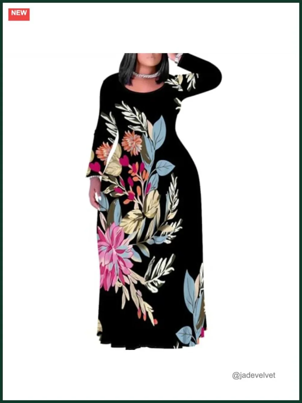Plus Size Maxi Dress with Pockets, Long Sleeve Bodycon T-Shirt Dress